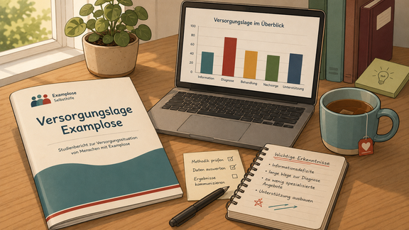 Eine Studie zur Versorgungslage mit Examplose liegt auf einem Schreibtisch. Dahinter ist ein Laptop zu sehen, auf dem ein Balkendiagramm zur Versorgungslage angezeigt wird.