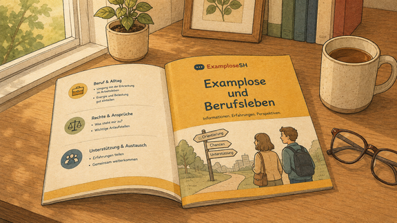 Aufgeschlagene Broschüre über Examplose und Berufsleben auf Holztisch mit Kaffeetasse, Brille und Zimmerpflanze