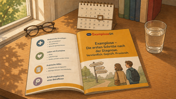 Aufgeschlagene Broschüre "Examplose - Erste Schritte nach der Diagnose" auf Holztisch neben Brille, Kalender und Wasserglas vor sonnenbeschienem Fenster