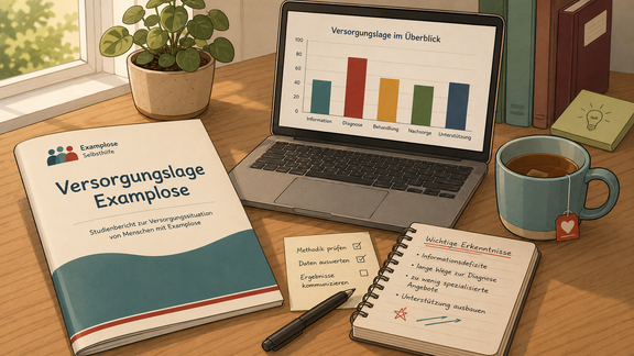 Eine Studie zur Versorgungslage mit Examplose liegt auf einem Schreibtisch. Dahinter ist ein Laptop zu sehen, auf dem ein Balkendiagramm zur Versorgungslage angezeigt wird.