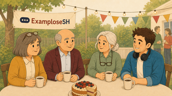Vier Vorstandsmitglieder des ExamploseSH e. V. sitzen lächelnd nebeneinander an einem festlich gedeckten Tisch bei einem Gartenfest. Vor ihnen stehen Kaffeetassen, ein angeschnittener Beerenkuchen und Blumensträuße. Im Hintergrund hängt ein Banner mit dem Vereinslogo und Lichterketten.